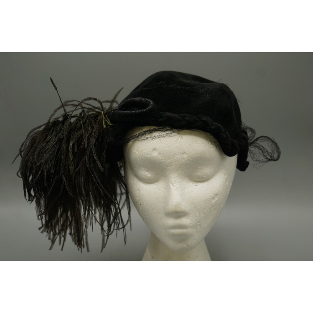 Vintage Black Felt Pillbox Hat Braided Trim Ostrich Feather Birdcage Veil 22in